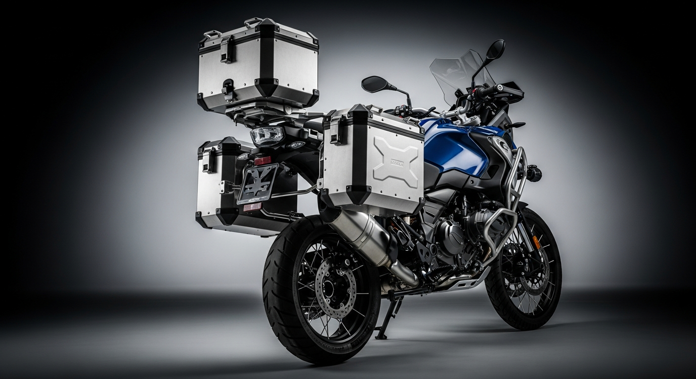 Maletas moto equipadas en moto trail: top case y panniers laterales - MotoStore Valencia