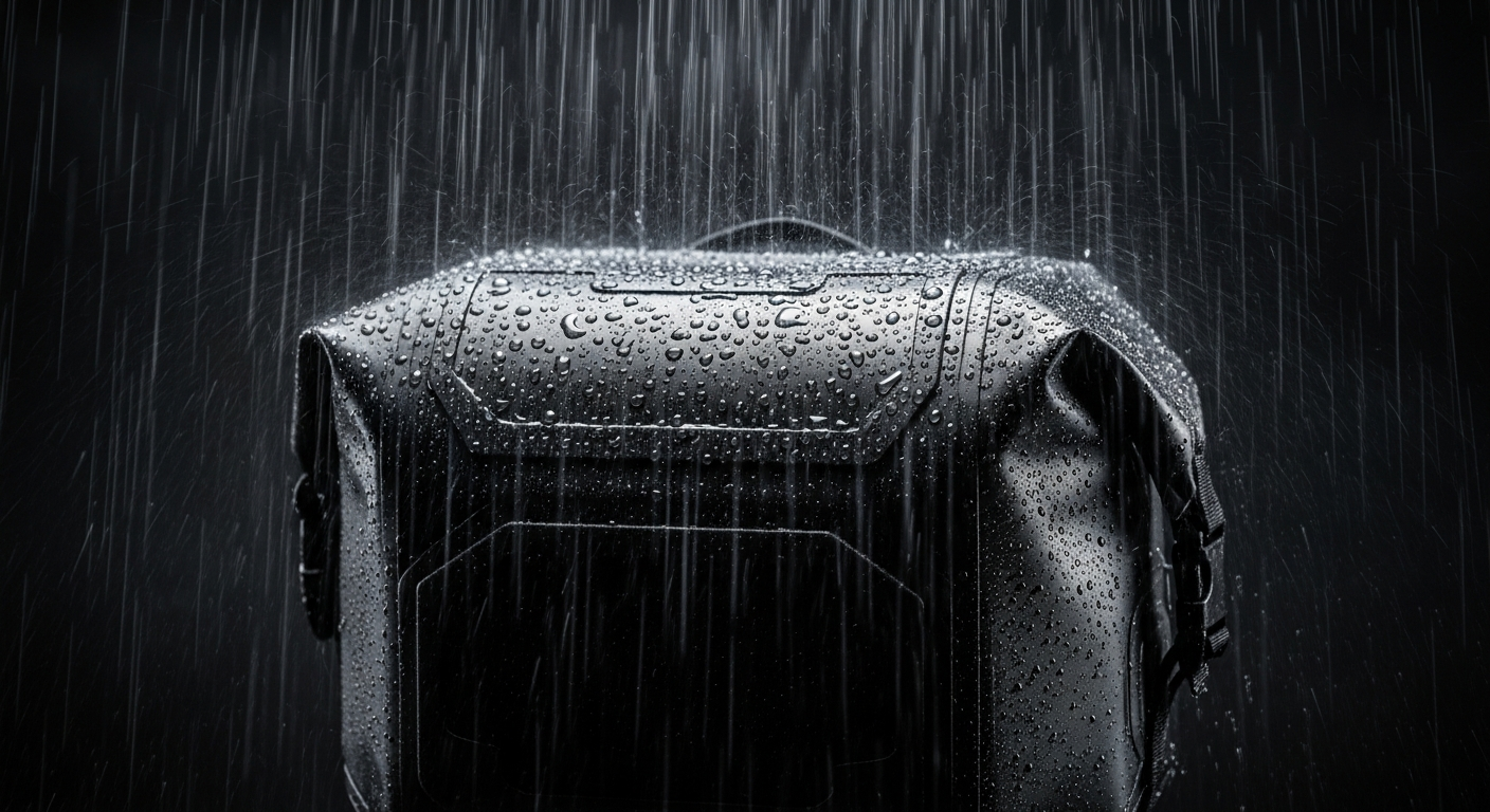Maleta moto impermeable con gotas de agua bajo lluvia - MotoStore Valencia