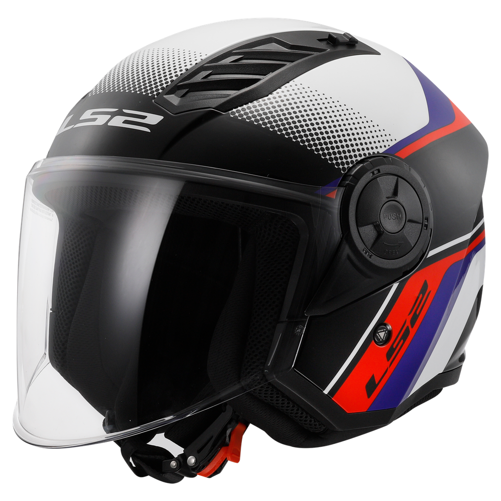Casco Moto Jet LS2 OF616 Airflow II Rush Blanco Azul Rojo