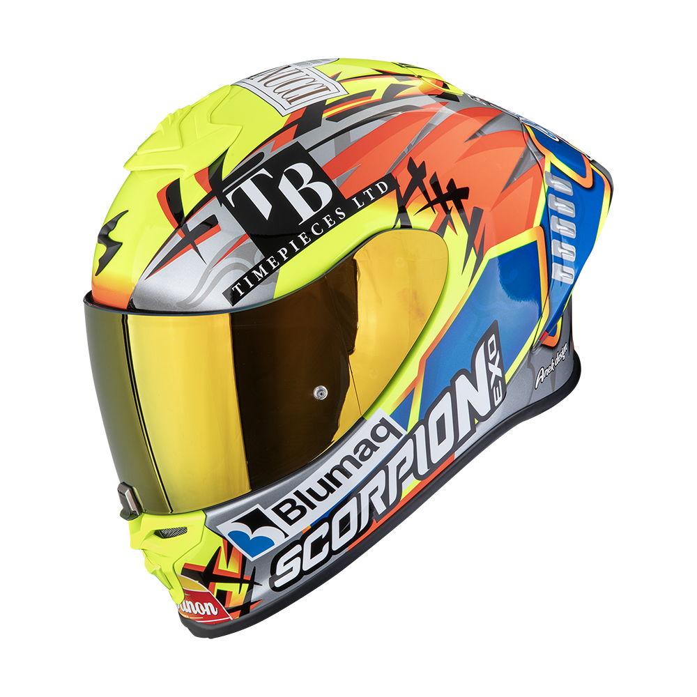 [111-524-380-02] Casco Scorpion Exo-R1 Evo II Air Aron Misano Plata-Amarillo Neón-Azul (XS)