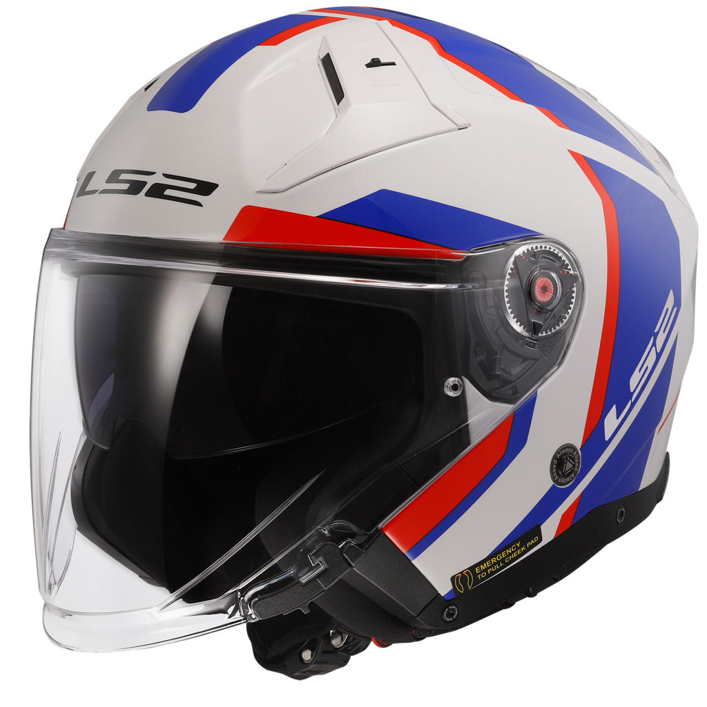 Casco Moto Jet LS2 OF603 Infinity II Focus Blanco Azul Rojo