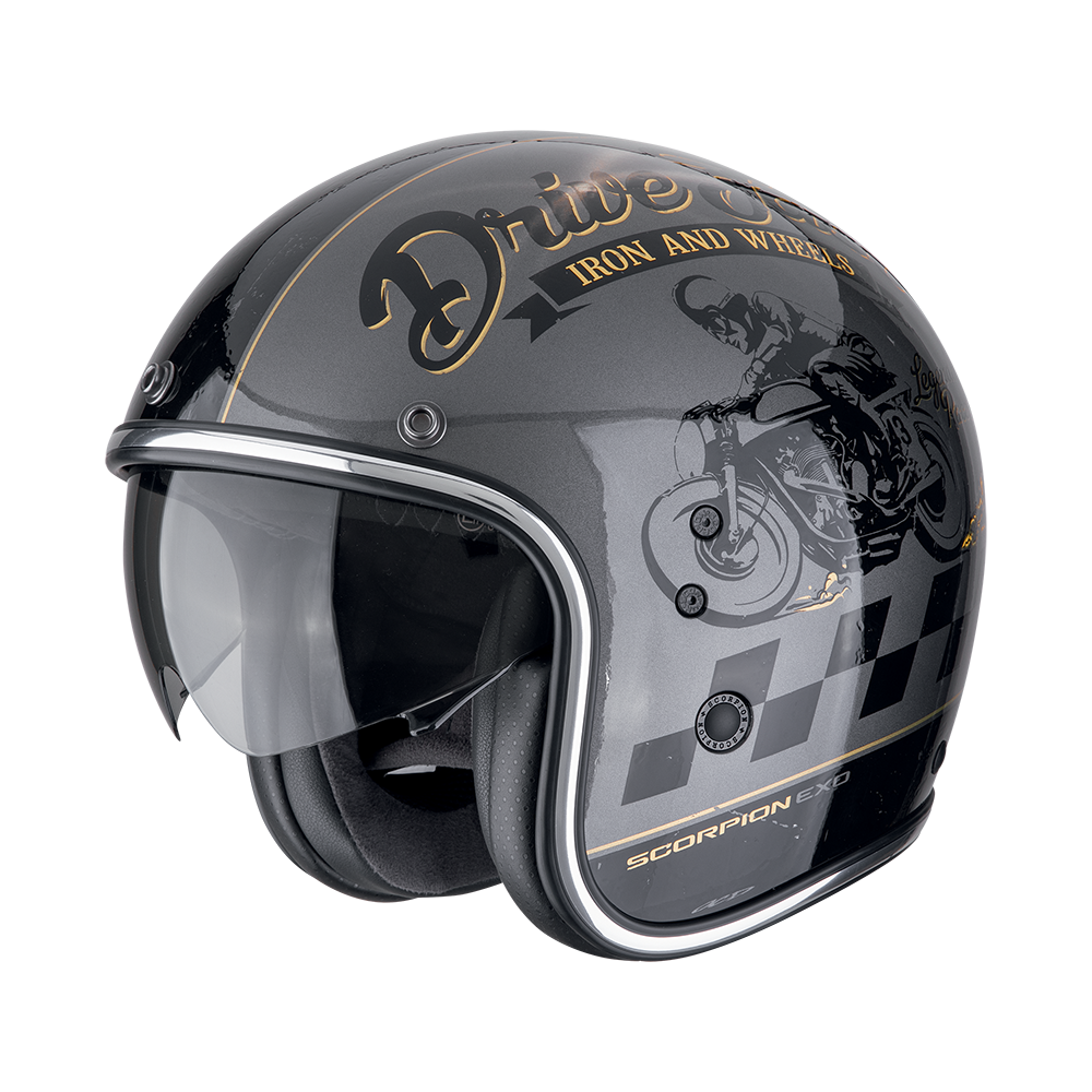 [78-498-364-02] Casco Scorpion Belfast Evo Drive Fast Plata-Negro-Oro (XS)