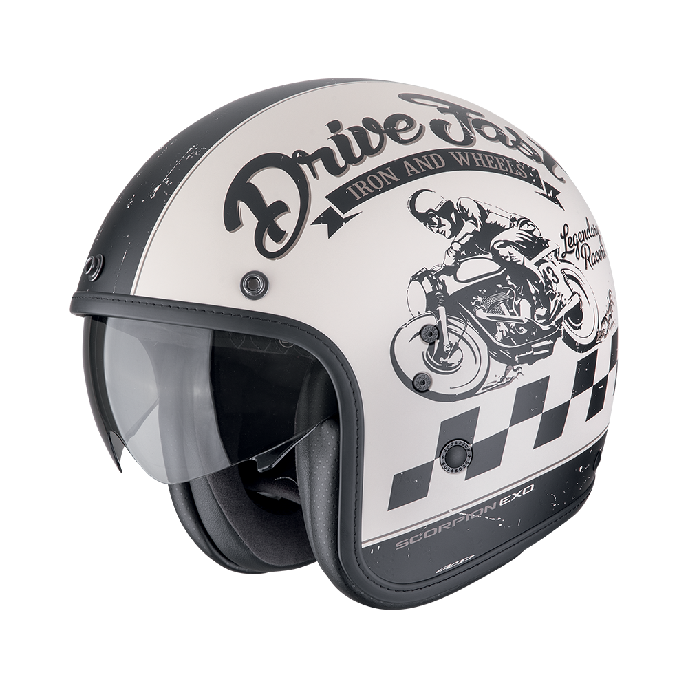[78-498-365-02] Casco Scorpion Belfast Evo Drive Fast Crema Mate-Negro (XS)