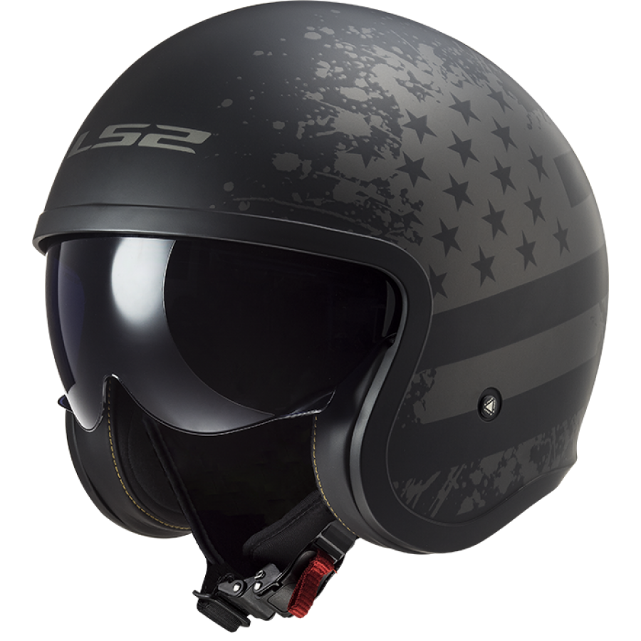 [365992611XS] Casco Moto Jet LS2 OF599 Spitfire II Mate Negro Flag (XS)