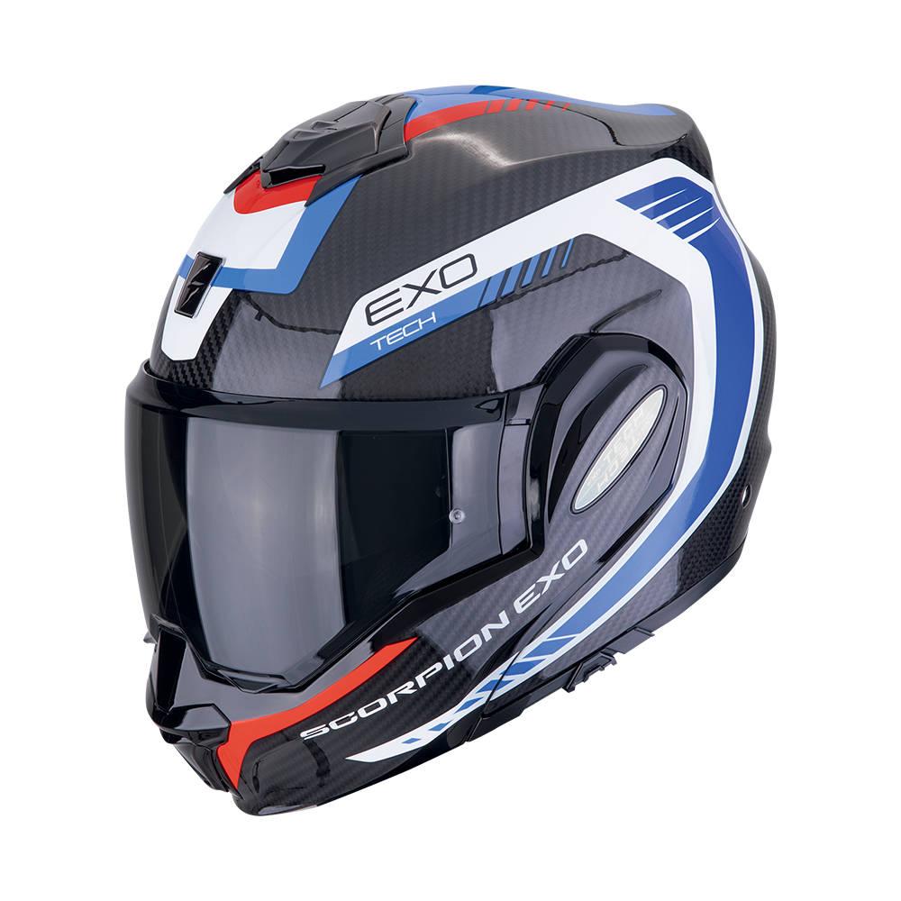 Casco Scorpion Modular Exo-Tech Evo Carbon Cosy Negro-Azul-Rojo