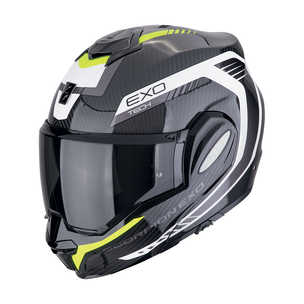 Casco Scorpion Modular Exo-Tech Evo Carbon Cosy Negro-Amarillo neón