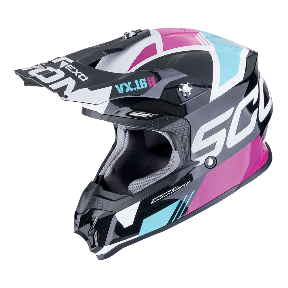 Casco Scorpion Off Road Vx-16 Evo Air Analog Metal Negro-Azul-Rosa